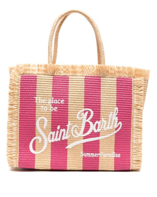 Mc2 Saint Barth Pink Vanity Striped Straw Beach Bag