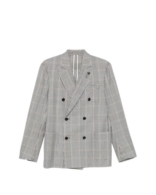 Lardini Gray Double-Breasted Checked Blazer for men