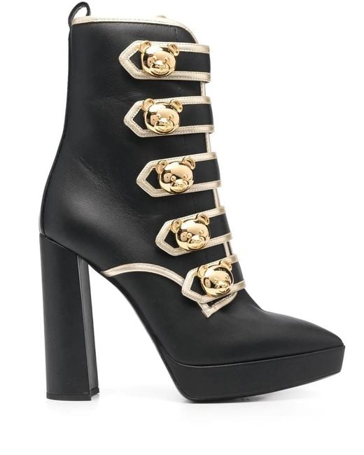 Moschino Black Teddy Bear Button-Detail Leather Boots