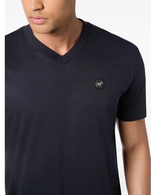 Philipp Plein Blue Logo-Appliqué V-Neck T-Shirt for men