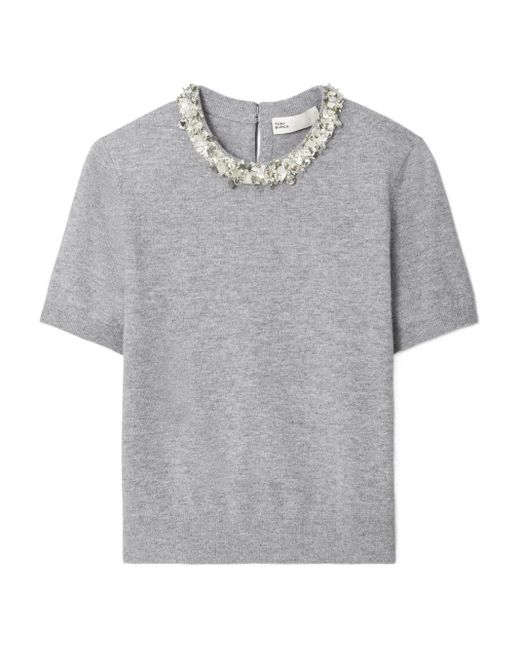 Tory Burch Gray Sequin-Embellished Short-Sleeve Top