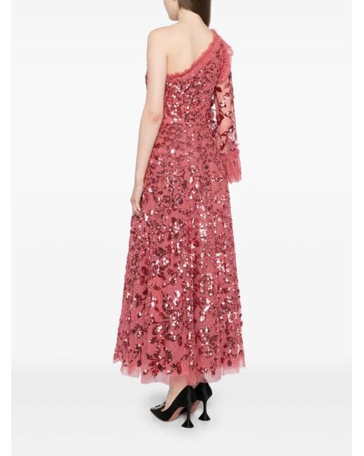 Needle & Thread Red Falling Leaves One-Shoulder Ankle Gown