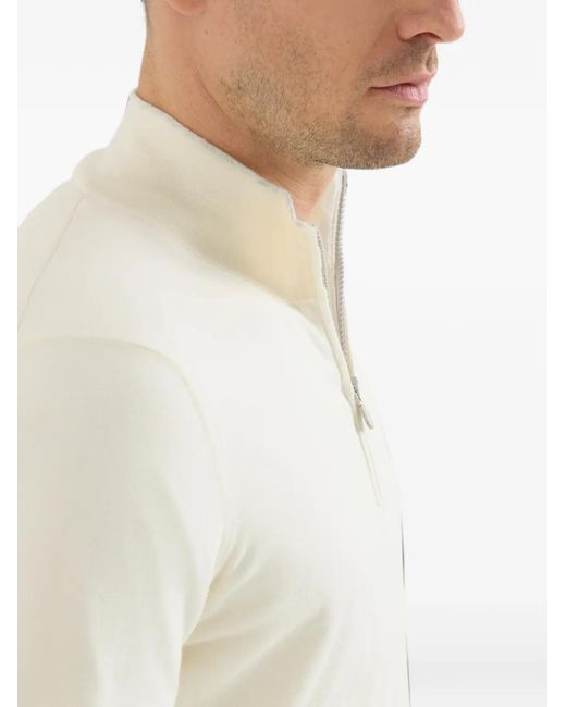 Brunello Cucinelli White Sea Island Cotton And Cashmere Lightweight Sweater With Half Zip for men