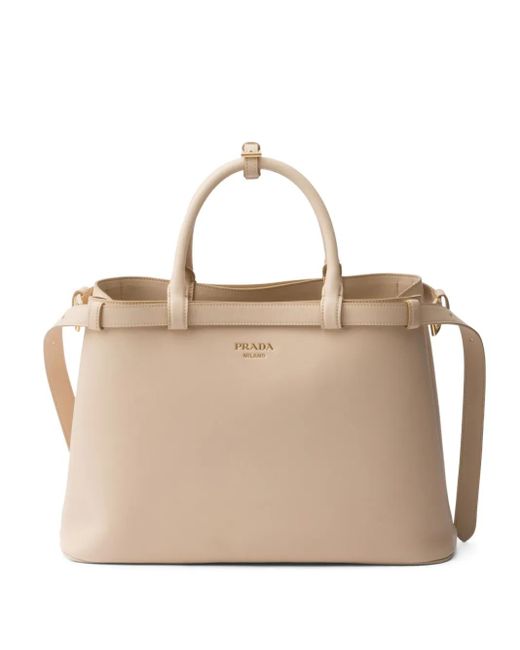 Prada Natural Medium Buckle Leather Tote Bag