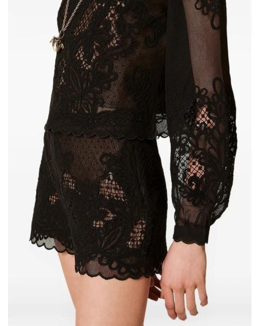 Twinset Black Mesh Shorts With Embroidery