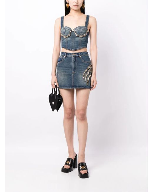 Area Blue Claw Cup Crystal-embellished Denim Bustier
