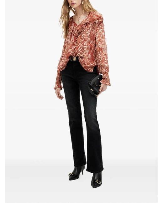 AllSaints Red Phoebe Ruffle-Detail Snake-Print Top