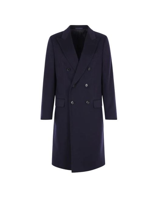 Caruso Blue Peak-Lapel Double-Breasted Coat for men