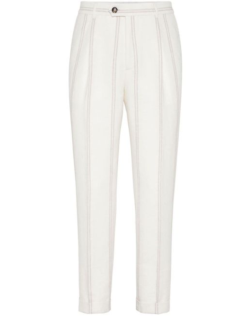 Brunello Cucinelli White Stripe-pattern Button-fastening Tapered Trousers for men