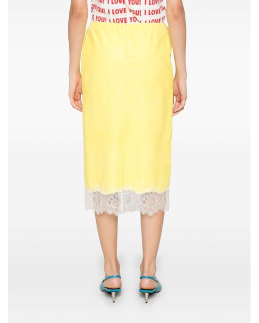 Blumarine Yellow Lace-Trim Midi Skirt