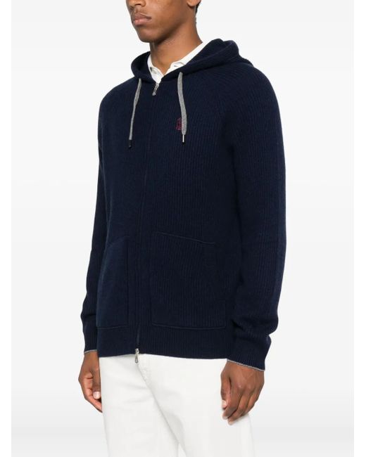 Brunello Cucinelli Blue Zip-Up Hooded Cardigan for men