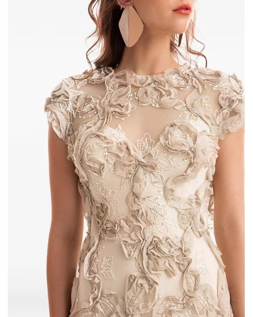 Gemy Maalouf Natural 3D Floral Embroidered Dress