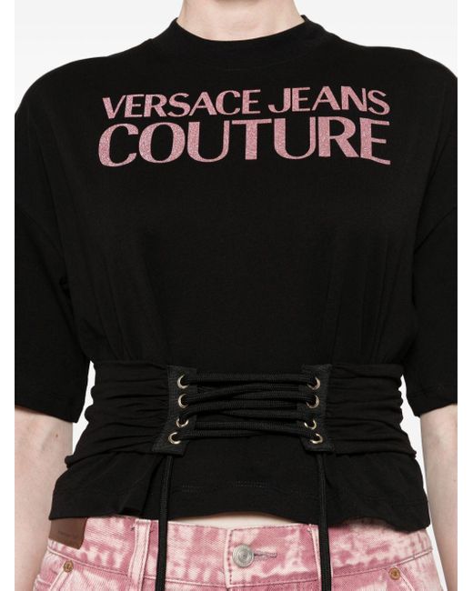 Versace Black Glittered-logo Lace-up T-shirt