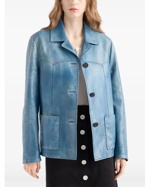 Prada Leren Bikerjack in het Blue
