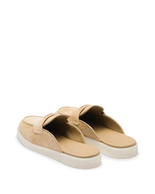 Prada White Logo-Plaque Suede Mules