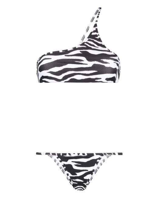 The Attico White One-shoulder Zebra-print Bikini Set