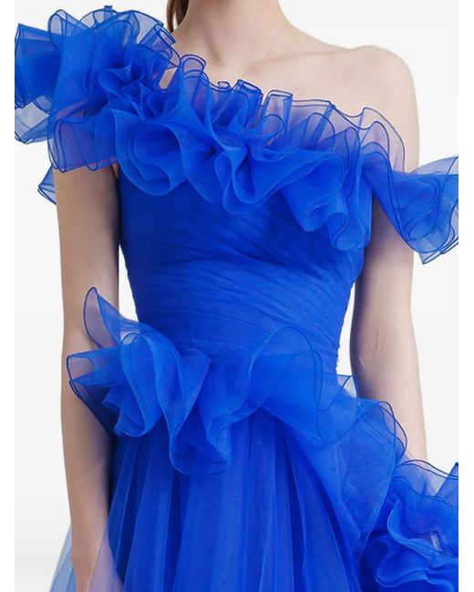 Gemy Maalouf Blue Ruffled One-Shoulder Dress
