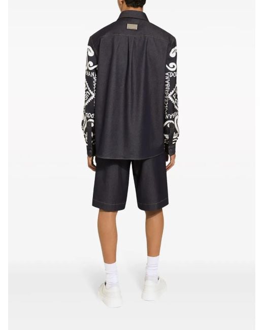 Dolce & Gabbana Black Abstract Print Denim Shorts With Pleat Detailing for men