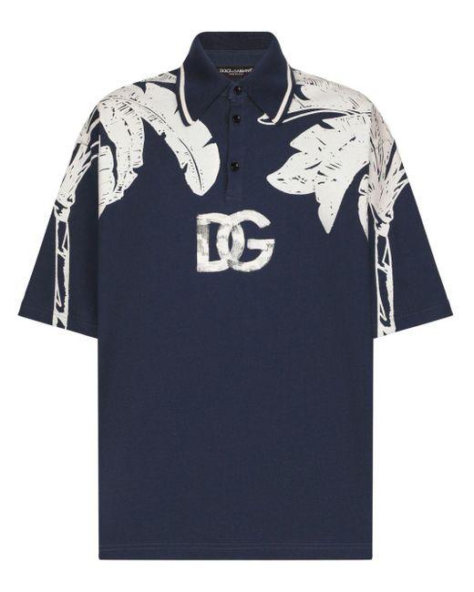 Dolce & Gabbana Blue Oversize Polo-Shirt With Banana Tree Print for men