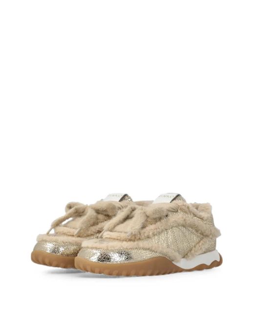 Pinko White Shearling-Trim Cracked-Effect Sneakers