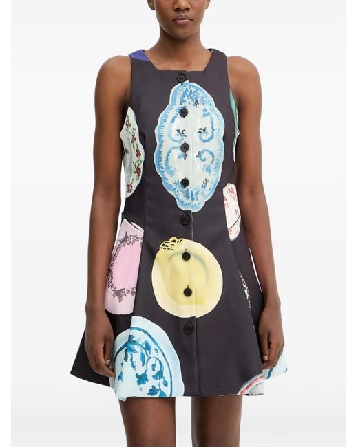 Stine Goya White Plate-Print Button-Up Mini Dress