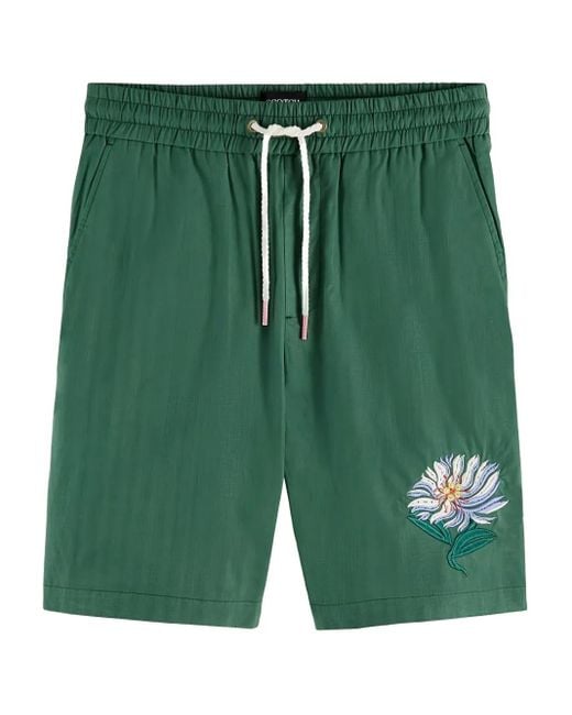 Scotch & Soda Green Floral-Embroidered Drawstring Shorts for men