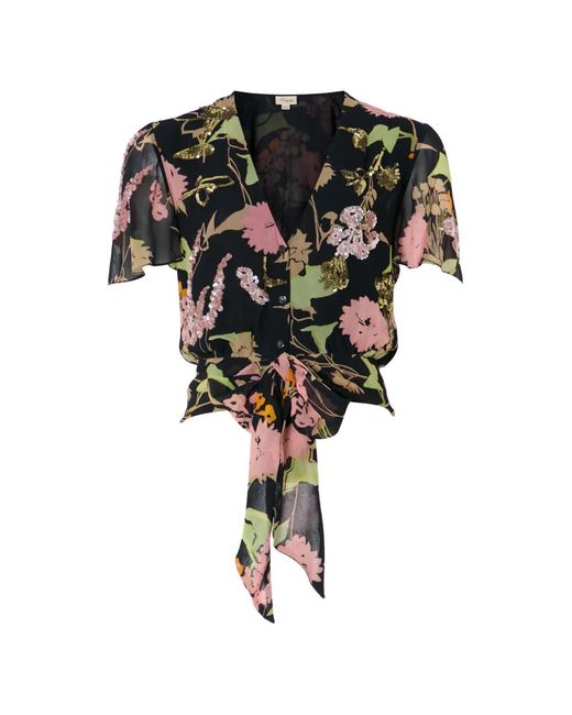 Temperley London Black Maisie Sequin-Embellished Floral-Print Blouse