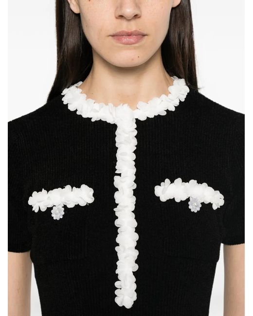 Self-Portrait Black Floral-Appliqué Ribbed-Knit Midi Dress