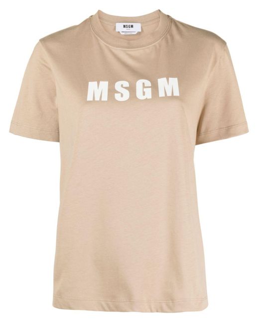 MSGM Natural Crew Neck Logo-print Cotton T-shirt