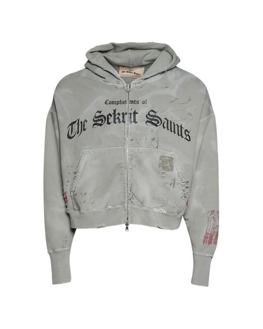 SEKRIT Gray Distressed Zip-Up Hoodie for men