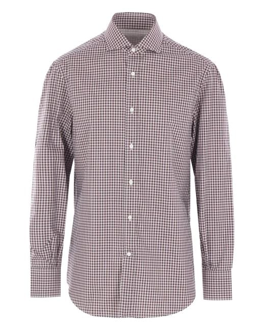Brunello Cucinelli Purple Check-Pattern Cotton Shirt for men