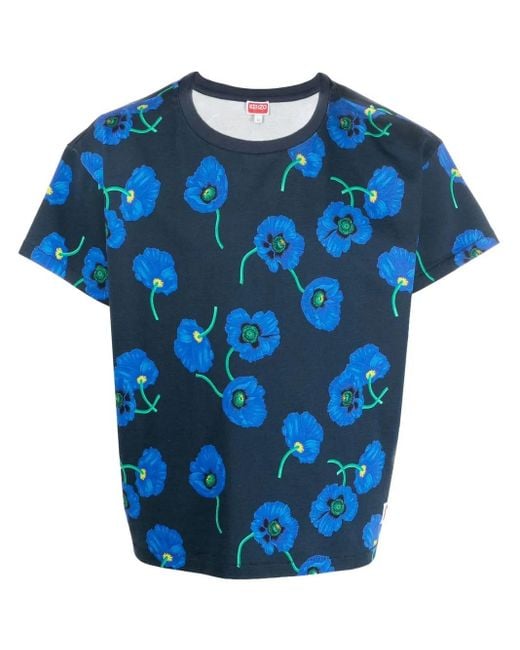 KENZO Blue Floral-Print Cotton T-Shirt for men