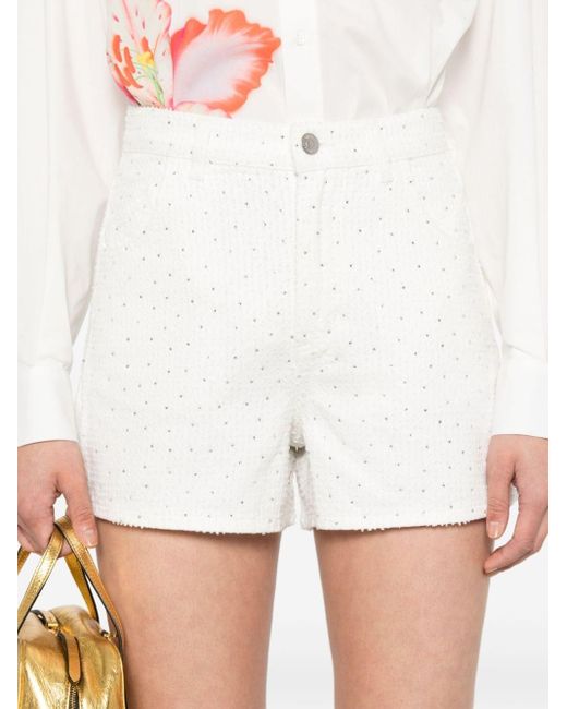 Maje White Rhinestone-embellished Cotton Denim Shorts