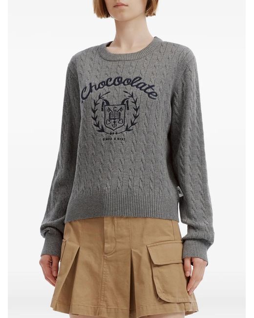 Chocoolate Gray Cable-Knit Embroidered Sweater