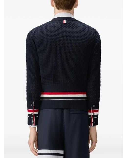 Thom Browne Blue V-Neck Stripe-Detailed Cardigan for men