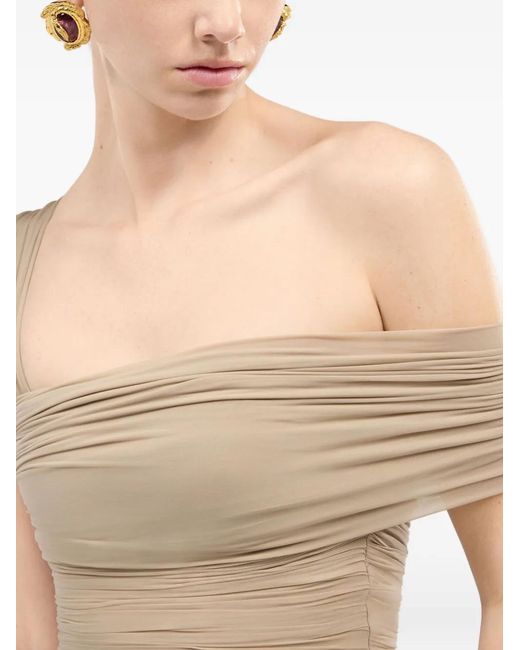 Roberto Cavalli Natural Ruffled One-Shoulder Midi Dress