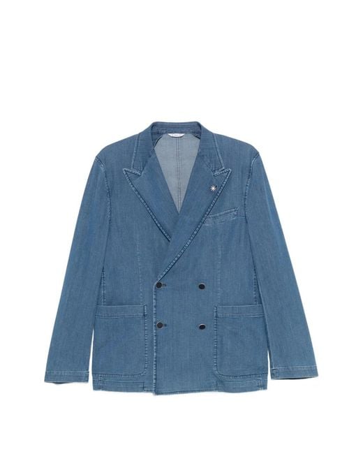 Manuel Ritz Blue Double-Breasted Denim Jacket for men