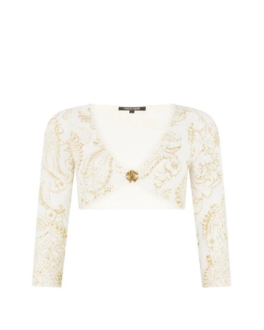 Roberto Cavalli White Paisley-Print Logo-Plaque Top