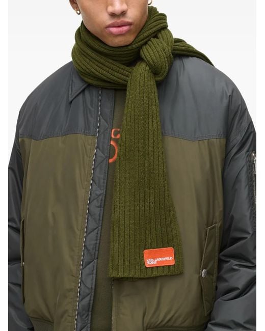 Karl Lagerfeld Green Ribbed Logo-Patch Scarf for men