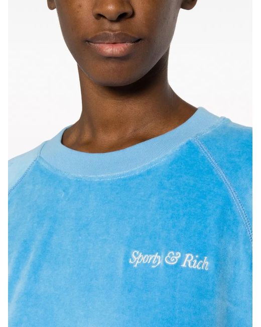 Sporty & Rich Blue Logo-Embroidered Velvet Sweatshirt