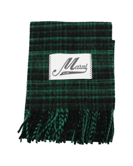 Marni Green Check-Pattern Fringed Scarf for men