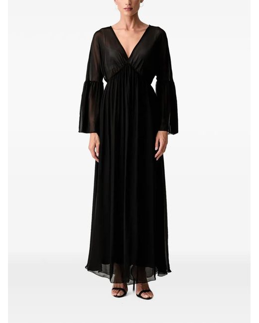 Haveone Black Sheer-Panel Bell-Sleeve Maxi Dress