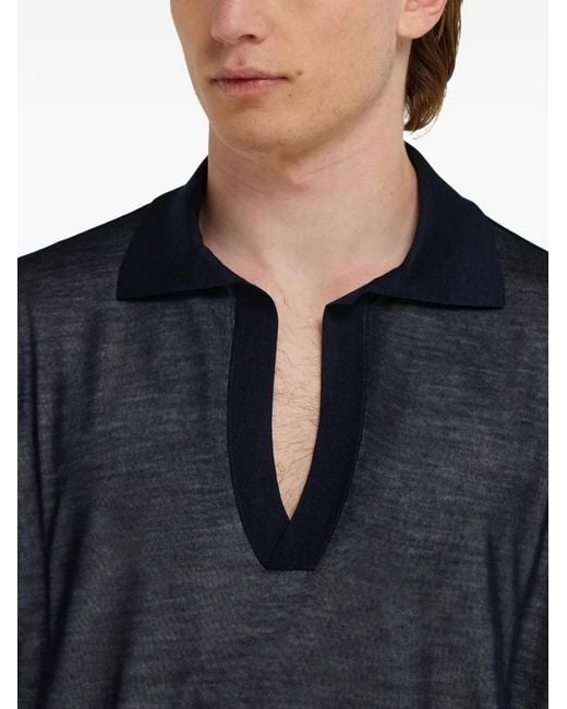 Ferragamo Blue Long Sleeve Knitted Silk Polo Shirt for men
