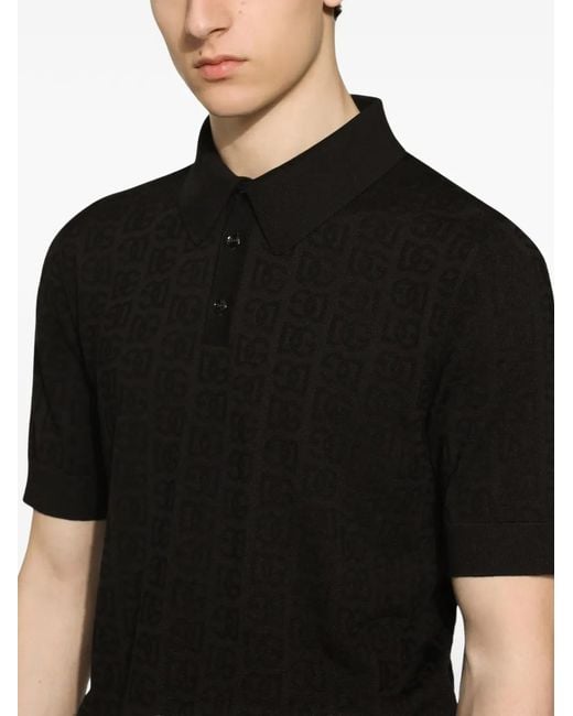 Dolce & Gabbana Black Silk Jacquard Polo Shirt With Dg Logo for men