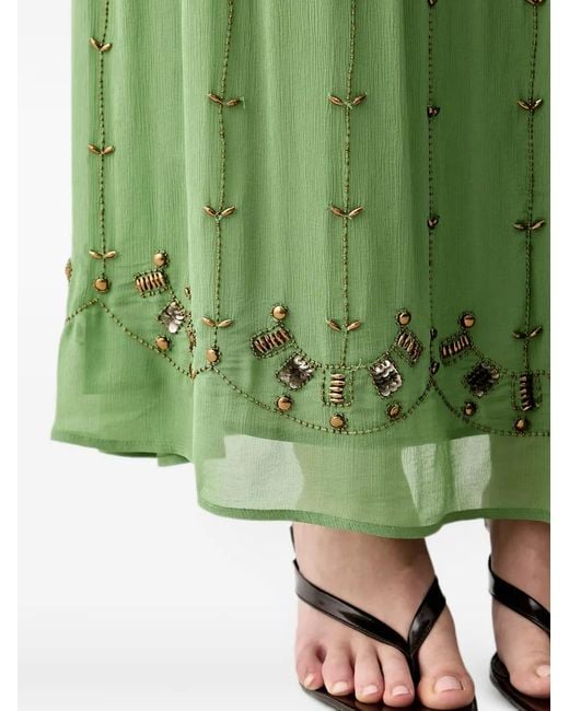 INTROPIA Green Bead-Embellished Pleated Maxi Skirt