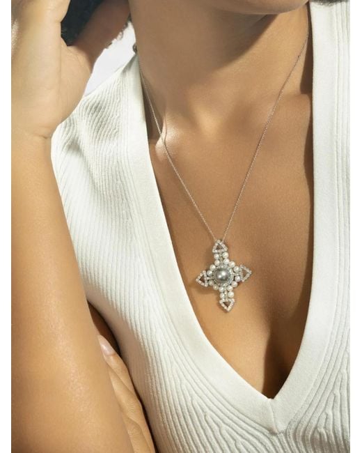 Andreoli Metallic Diamond And Pearl Cross Necklace