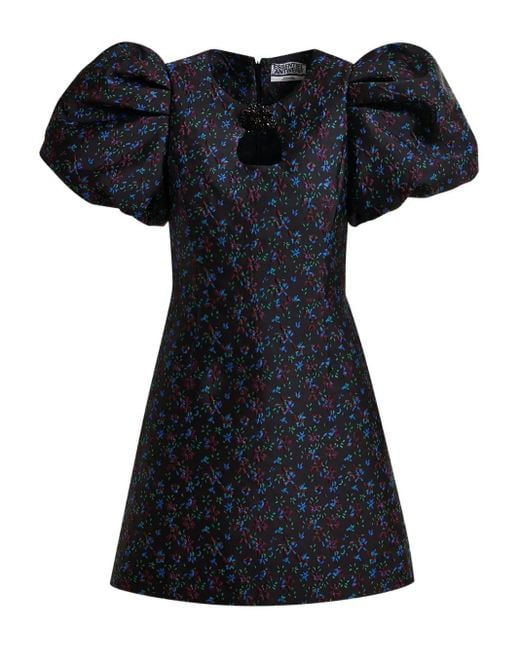 Essentiel Antwerp Black Puff-Sleeve Floral-Print Mini Dress