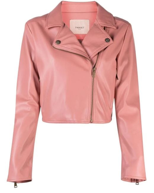 Twinset Pink Off-Centre Zip Fastening Biker Jacket