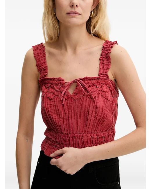 Guess Red Reya Smocked Broderie-Anglaise Top
