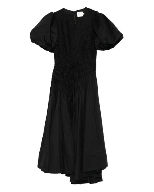 Aje. Black Puff-Sleeved Smocked Midi Dress